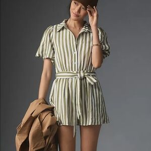 Anthropologie Olive and White Striped Romper
